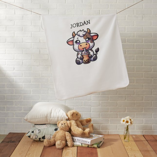 Cute Baby Cow Drinking Boba Kawaii Cartoon  Blanket (In Situ)