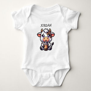 Cute Baby Cow Drinking Boba Kawaii Cartoon Bodysuit