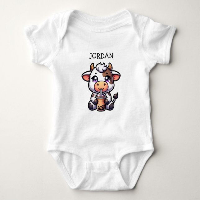  Cute Baby Cow Drinking Boba Kawaii Cartoon Bodysuit (Front)