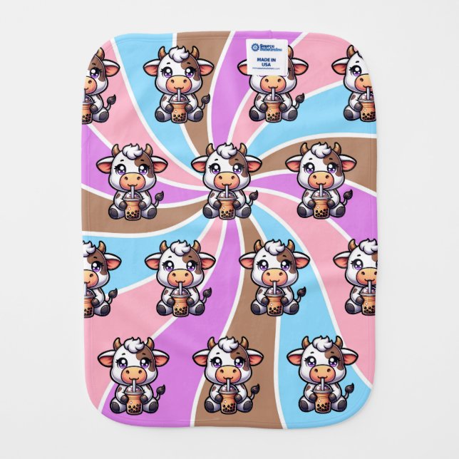 Cute Baby Cow Drinking Boba Kawaii Cartoon  Burp Cloth (Back)