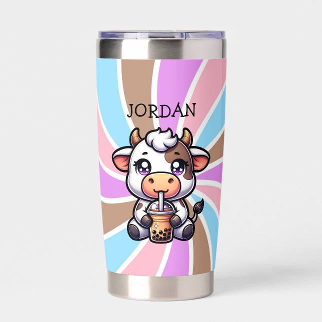  Cute Baby Cow Drinking Boba Kawaii Cartoon Insulated Tumbler (Front)