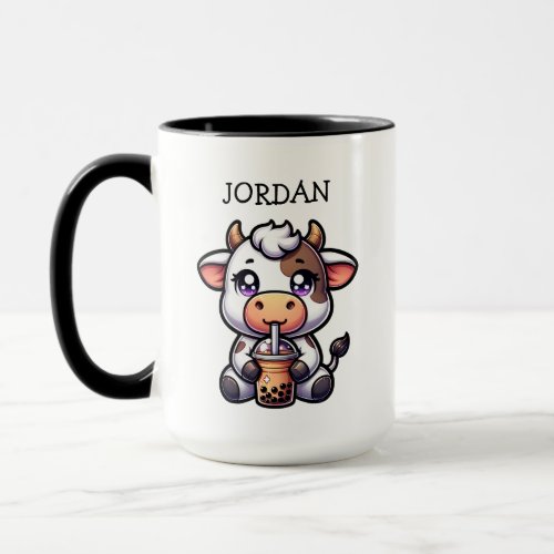  Cute Baby Cow Drinking Boba Kawaii Cartoon Mug