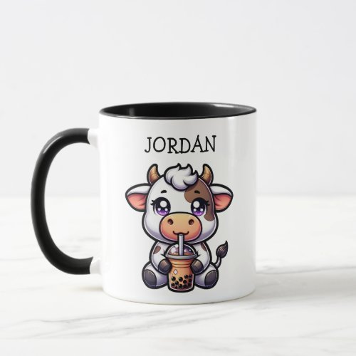  Cute Baby Cow Drinking Boba Kawaii Cartoon Mug