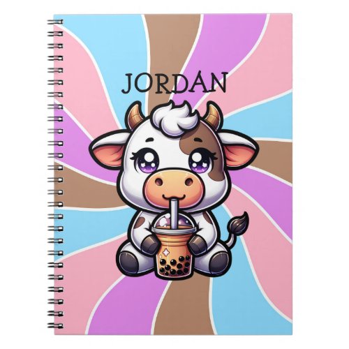 Cute Baby Cow Drinking Boba Kawaii Cartoon Notebook