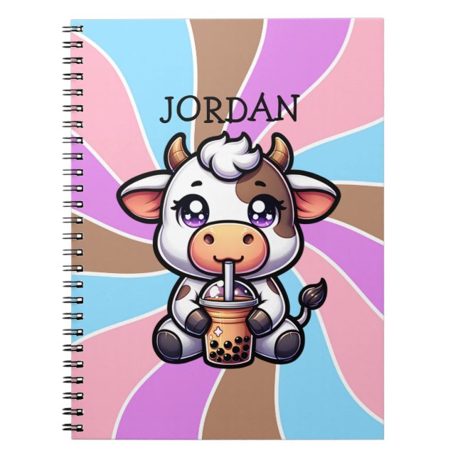  Cute Baby Cow Drinking Boba Kawaii Cartoon Notebook (Front)