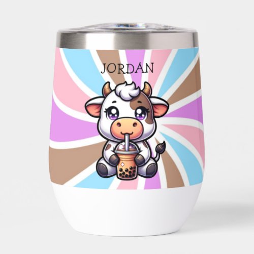  Cute Baby Cow Drinking Boba Kawaii Cartoon Thermal Wine Tumbler