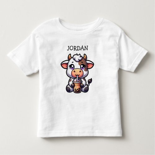  Cute Baby Cow Drinking Boba Kawaii Cartoon Toddler T_shirt