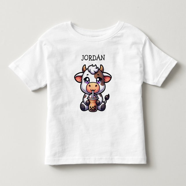  Cute Baby Cow Drinking Boba Kawaii Cartoon Toddler T-shirt (Front)