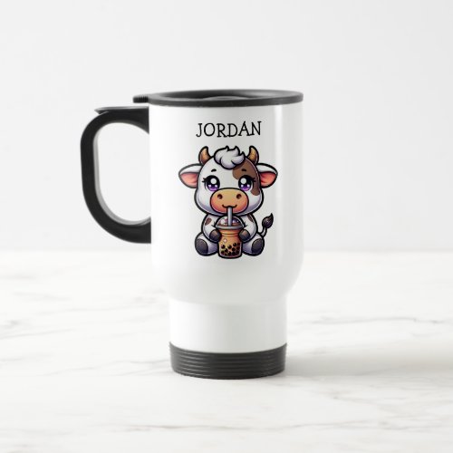  Cute Baby Cow Drinking Boba Kawaii Cartoon Travel Mug