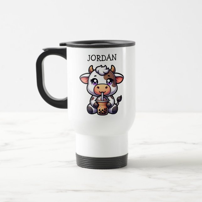  Cute Baby Cow Drinking Boba Kawaii Cartoon Travel Mug (Left)