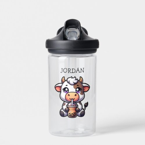  Cute Baby Cow Drinking Boba Kawaii Cartoon Water Bottle