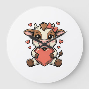 Cute Baby Cow Holding Heart Vintage Engraving Shir Large Clock