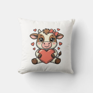 Cute Baby Cow Holding Heart Vintage Engraving Shir Throw Pillow