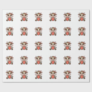 Cute Baby Cow Holding Heart Vintage Engraving Shir Wrapping Paper