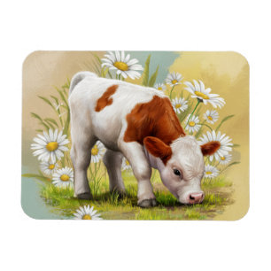 Cute Baby Cow in a field of Daisies Flowers Magnet