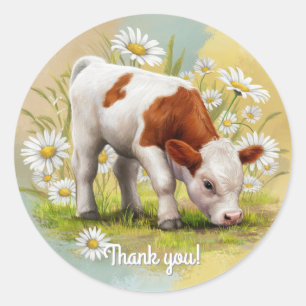 Cute Baby Cow in a field of Daisies Western Classic Round Sticker