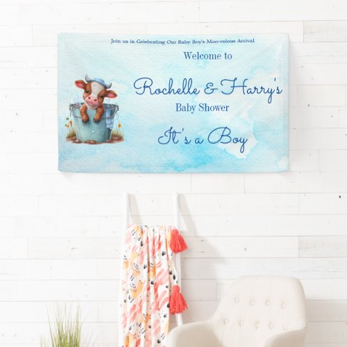 Cute Baby Cow in Bucket Blue Baby Shower Its a Boy Banner