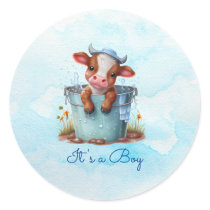 Cute Baby Cow in Bucket Blue Baby Shower Its a Boy Classic Round Sticker