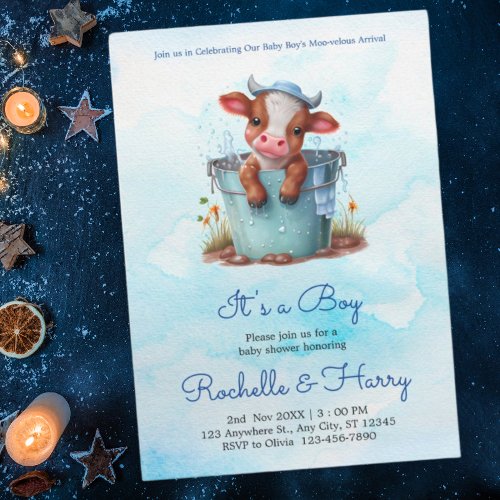 Cute Baby Cow in Bucket Blue Baby Shower Its a Boy Invitation