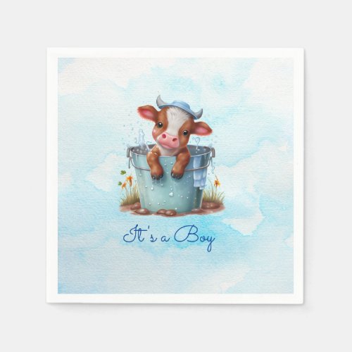 Cute Baby Cow in Bucket Blue Baby Shower Its a Boy Napkins