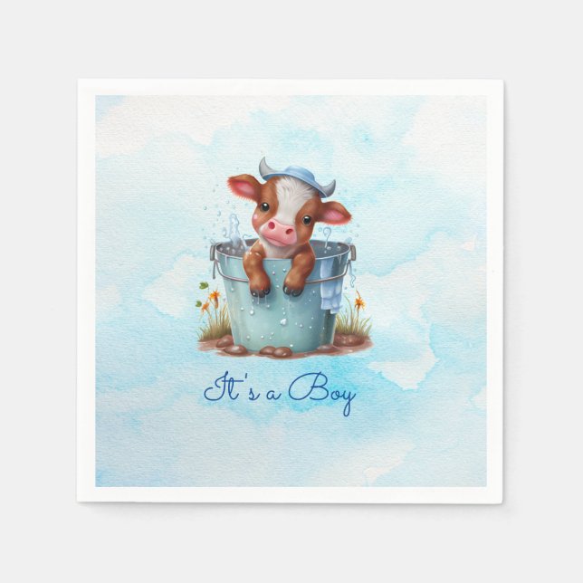 Cute Baby Cow in Bucket Blue Baby Shower Its a Boy Napkins (Front)