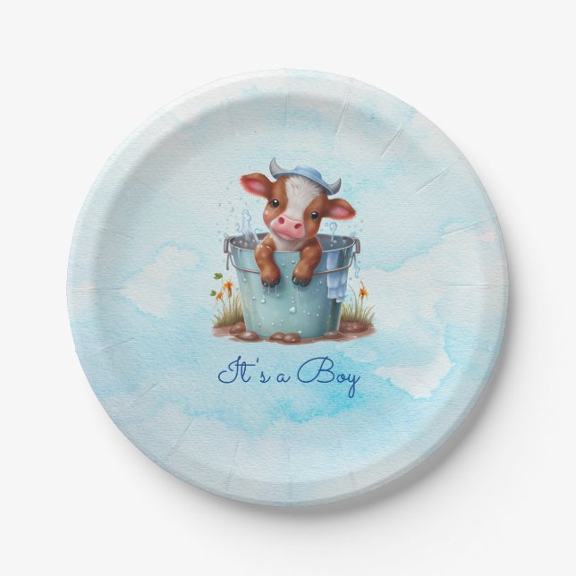 Cute Baby Cow in Bucket Blue Baby Shower Its a Boy Paper Plates (Front)
