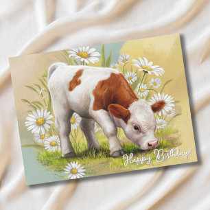 Cute Baby Cow in Daisy Field, Country Birthday Postcard