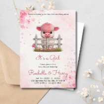 Cute Baby Cow Pink Floral Baby Shower Its a Girl Invitation
