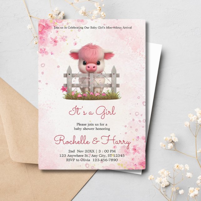 Cute Baby Cow Pink Floral Baby Shower Its a Girl Invitation (Creator Uploaded)