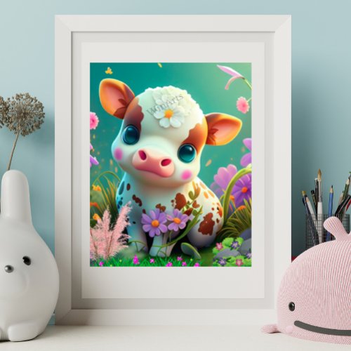 Cute Baby Cow sitting in Flower Garden Farm Art Poster