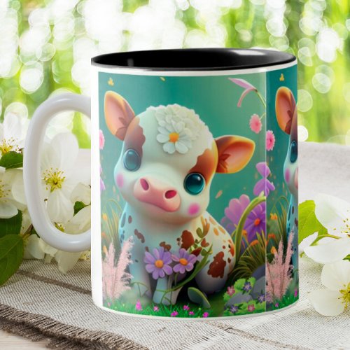 Cute Baby Cow sitting in Flower Garden Farm  Two_Tone Coffee Mug