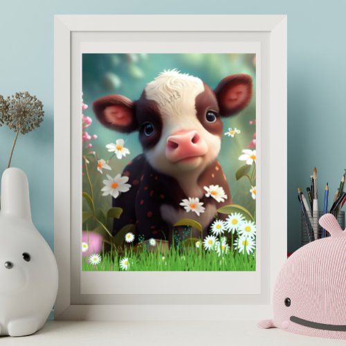 Cute Baby Cow sitting in garden of flowers Art  Poster