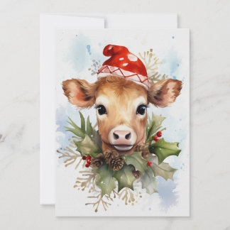 Cute Baby Cow Winter Christmas Watercolor Invitation