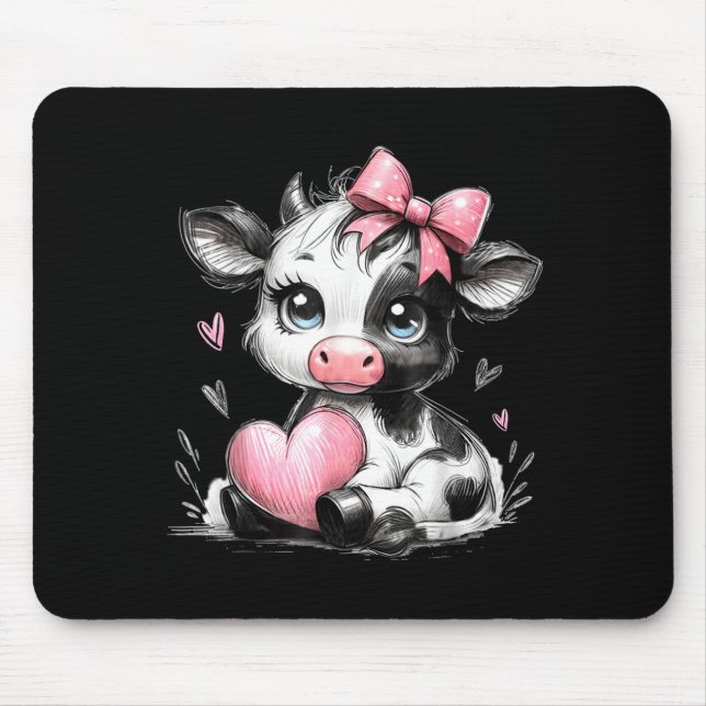 Cute Baby Cow With Nk Coquette Bow Holding Heart  Mouse Pad (Front)