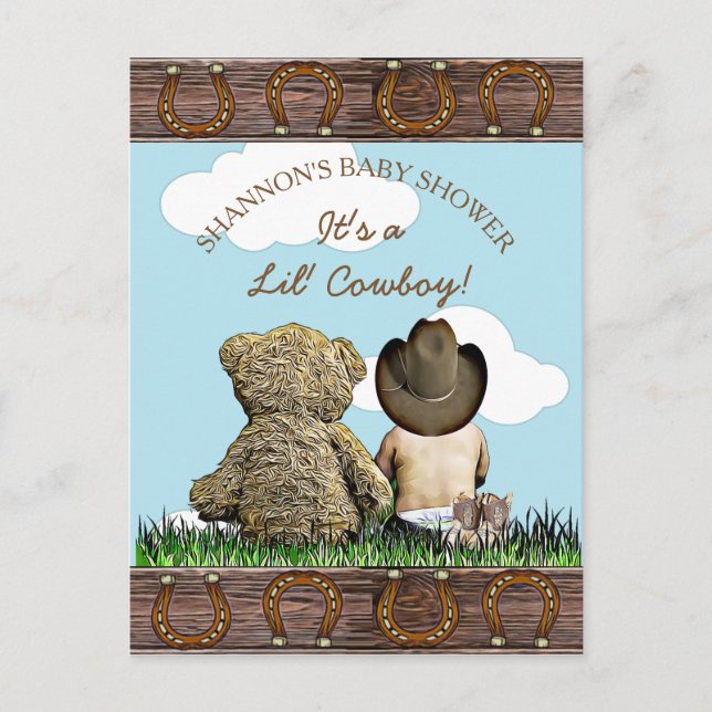 Cute Baby Cowboy and Teddy Bear Baby Shower Invite (Front)