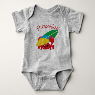 Cute Baby Crab with Surfboard Red Personalized Baby Bodysuit