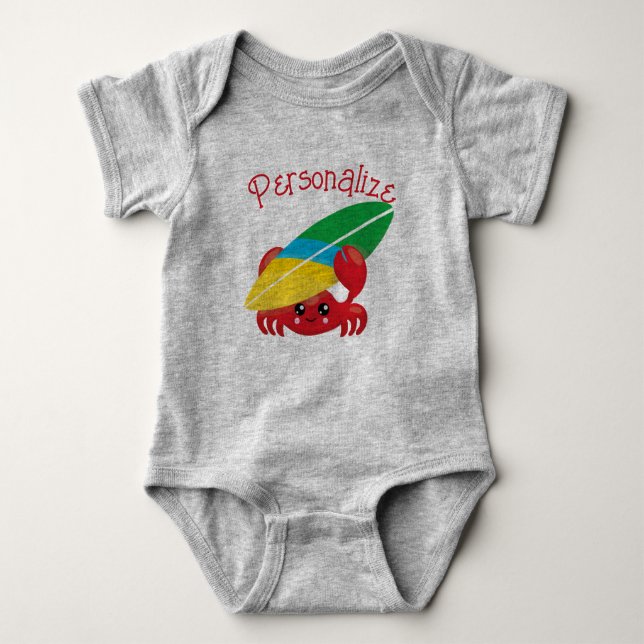 Cute Baby Crab with Surfboard Red Personalized Baby Bodysuit (Front)