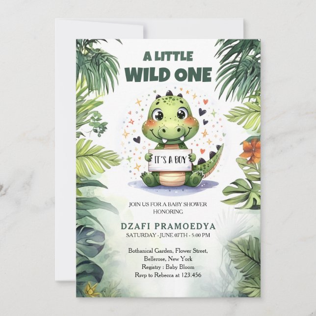 Cute Baby Crocodile in jungle watercolor Invitation (Front)