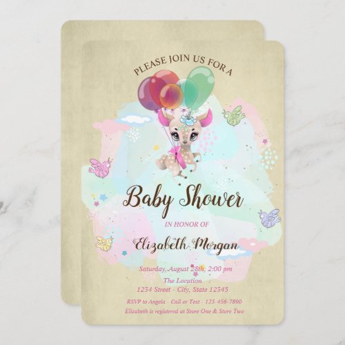 Cute Baby Dear Balloons Butterfly Baby Shower Invitation