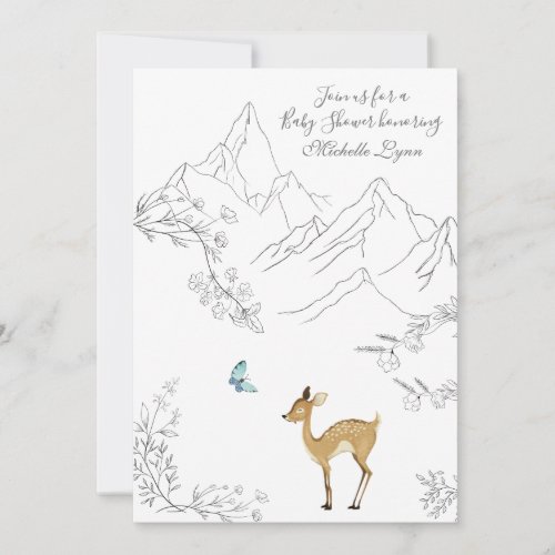 Cute Baby Deer and Butterfly Mountain Baby Shower Invitation