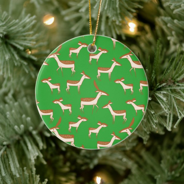 Cute Baby Deer and Family on Light Green Ceramic Ornament (Tree)