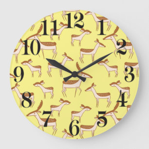 Cute Baby Deer and Family on Pastel Yellow Large Clock