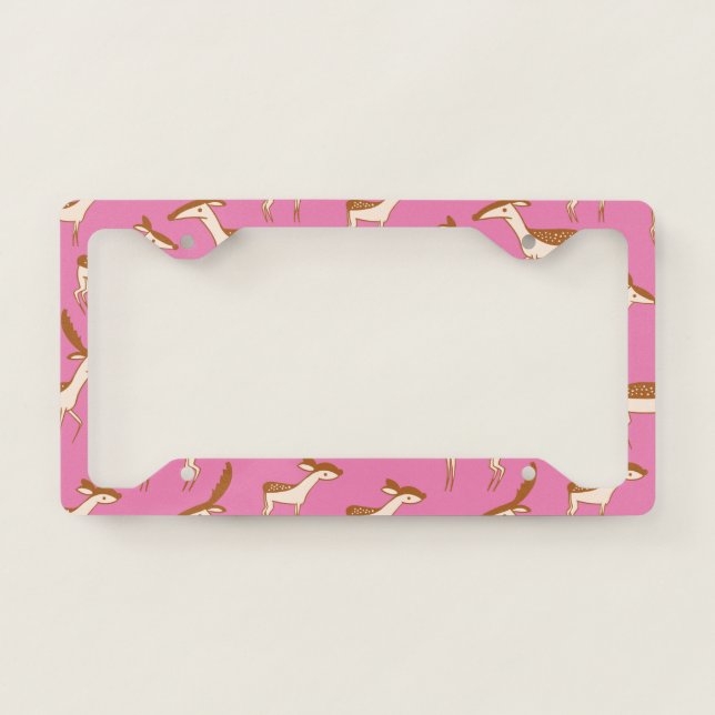 Cute Baby Deer and Family on Pink License Plate Frame (Front)