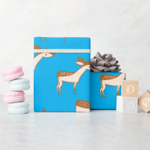 Cute Baby Deer and Family on Sky Blue Wrapping Paper