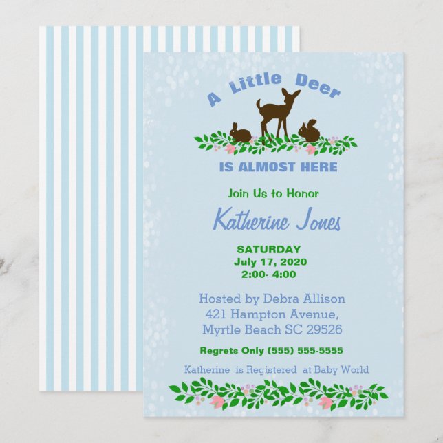 Cute Baby Deer Baby Shower Invitation (Blue) (Front/Back)