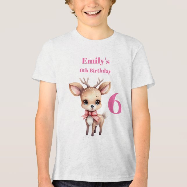 Cute Baby Deer Cartoon Illustration Birthday Tri-Blend Shirt (Front)