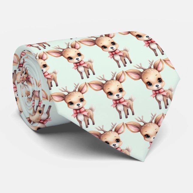 Cute Baby Deer Cartoon Illustration Pattern Neck Tie (Rolled)