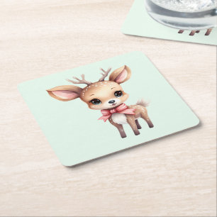 Cute Baby Deer Cartoon Illustration Square Paper Coaster