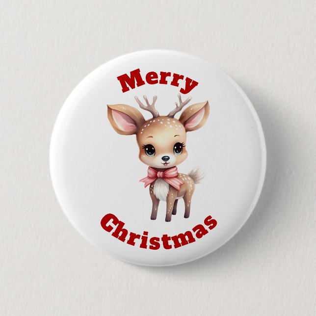 Cute Baby Deer Cartoon Merry Christmas  Button (Front)