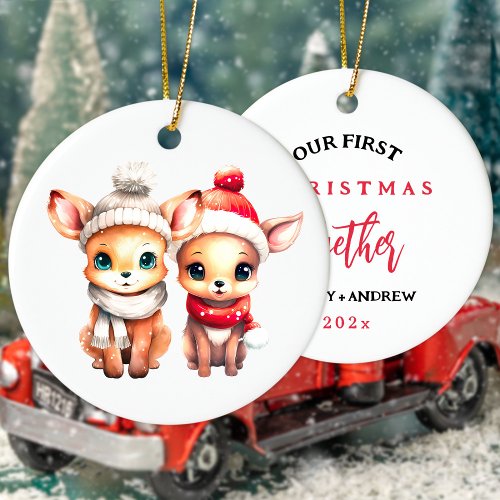 Cute baby deer First Christmas together T_Shirt Ceramic Ornament